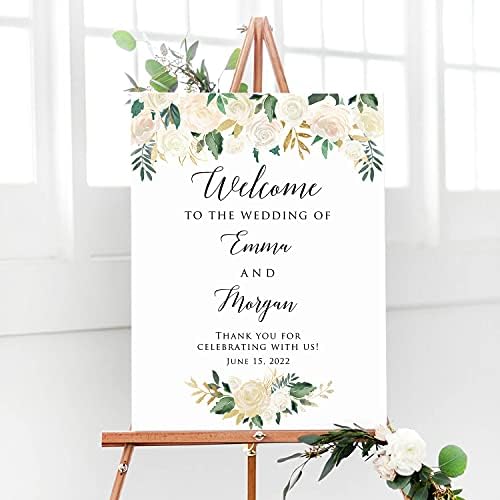 Personalized White Gold Floral Wedding Welcome Sign, Customized Ivory Flowers Rehearsal Dinner Couples Shower Anniversary Party Welcome Poster Board Canvas by BlissfulMelodyDesign