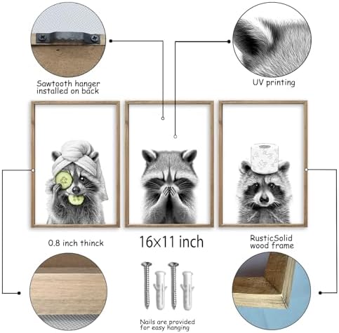 flowtorely Raccoon Bathroom Wall Decor Art 16x11 Inch Set of 3 Wood - Image 2