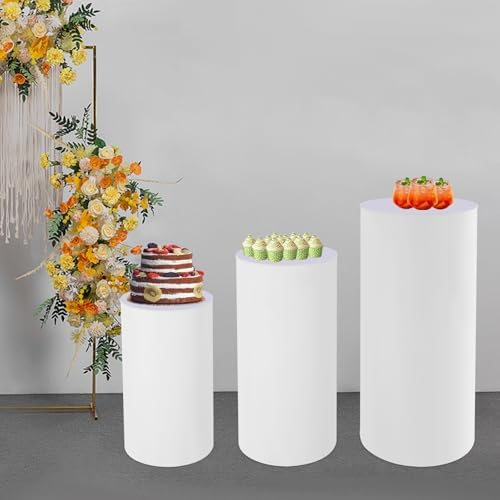 3PCS Tall White Round Cylinder Pedestal Stands Display 23.6''+29.5''+35.4'' Height Cylinder Tables for Party Cake Flower Bouquet Backdrop Dessert Table Pillars for Birthday Wedding Props Baby Shower Event Decoration - Image 3