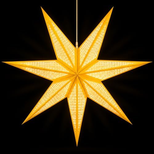GalaxyArts 7-Point Paper Star Lantern - Striped Cutout Hanging Light Decoration - Foldable Hollow Out Star Lamp Shade for Home, Party, Christmas, Wedding Décor - Indoor/Outdoor Hanging Star(Yellow) - Image 2