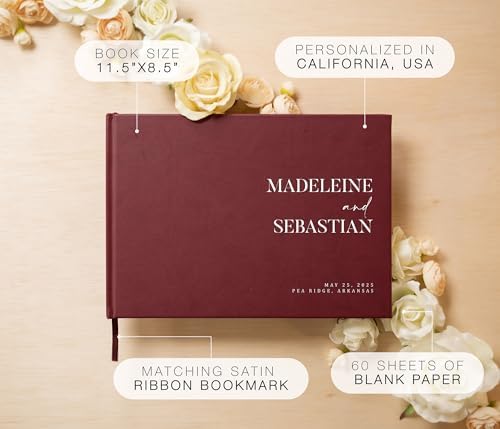 Personalized Guest Book - 11.5" x 8.5" Premium Custom Guest Signing Book with Bookmark and Blank Pages for Wedding Reception Table Decoration Engagement Birthday Party Event, Wine - Image 2