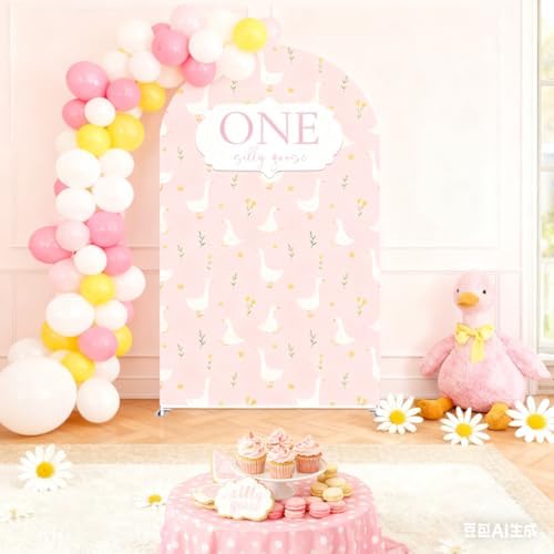 One Silly Goose Arch Backdrop Cover 7.2FT Pink Plaids Stretchy Arched Stand Cover for Baby Girls 1st Birthday Baby Shower Party Decoration - Image 6