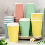 Whaline 100 Pcs Pastel Color Disposable Coffee Cups with Lids 16 Oz Yellow Pink Blue Green Paper Cup Corrugated Ripple Wall Insulated Hot Cups for Spring Summer Silly Goose Home Office Party Supplies - Image 4