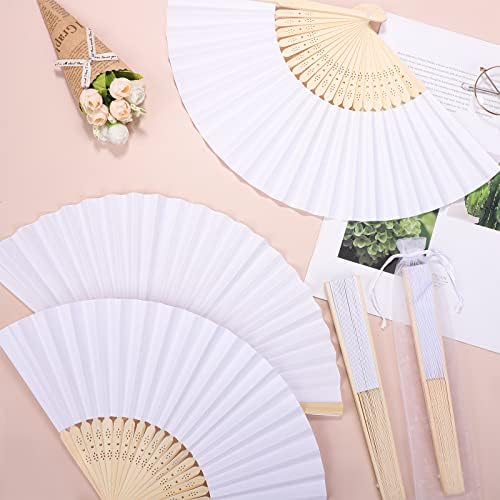 MCEAST 80 Pieces White Folding Paper Fans Wedding Fans Handheld Paper Fan White Bamboo Hand Fan Foldable Cool Favors with 80 Organza Bag for DIY Decor Wedding Party Favors Summer Guest - Image 4