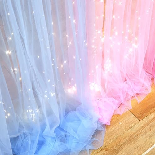 Pink and Blue Backdrop Curtains with Lights String for Baby Shower Sheer Tulle Backdrop Curtain for Gender Reveal Birthday Party Bridal Shower Photo Shoot Background Decorations 2 Panels 5×10ft - Image 6