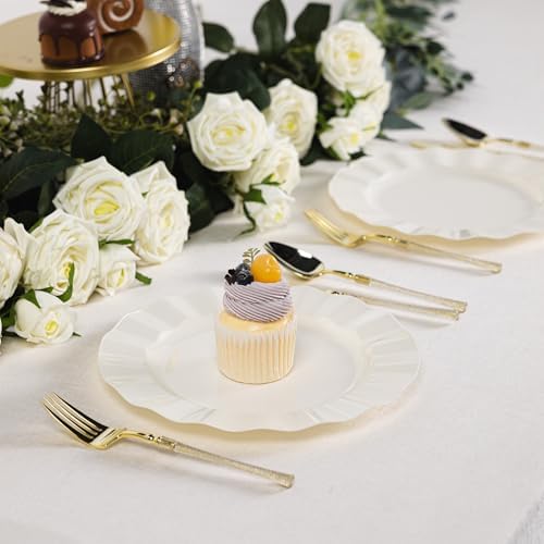72 Pack Ivory Plastic Plates, 7" Disposable Wave Edge Dessert Plates - Image 6