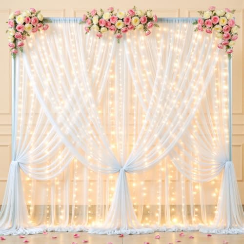 20x10ft White Tulle Backdrop Curtains with Lights String for Parties,Wrinkle Free Sheer Curtain with Lights Wedding Photo Backdop Drapes for Baby Shower Birthday Party Photography Home Decorations by PartyTalk