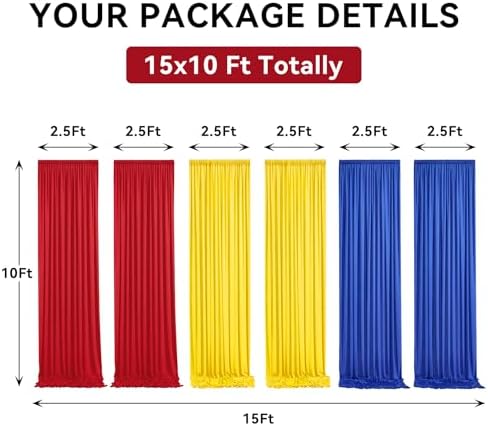 gogoparti 15ft x 10ft Royal Blue Backdrop Curtains Red and Yellow Backdrop Curtains, Wrinkle Free Backdrop Drapes for Birthday Party Background, 6 Panel 2.5x10ft - Image 2