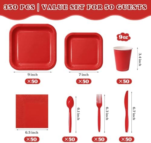 Vyntra 350 Pcs Red Square Paper Plates and Napkins Set, Serves 50 - Image 2