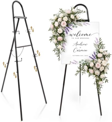 42"-63" Adjustable Black Easel Stand for Sign Heavy Duty Metal Easel with 4 Display Modes 360° Rotating Hooks 4-tier Adjustable Display Stand for Wedding Welcome Sign, Art, Poster, Picture(Classic) by Unknown