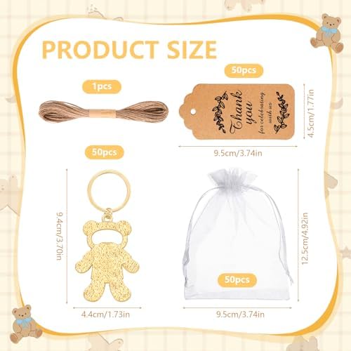 50Pcs Bear Bottle Openers Keychain Bulk Baby Shower Party Favors for Guests Cute Bear Keyring with Organza Bags Tags, for Gender Reveal Theme Birthday Decoration Return Gift Souvenirs（Bear Style） - Image 2
