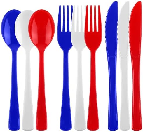 Kochorie 300 Pieces 4th of July Plastic Silverware, Heavy Duty Independence Day Cutlery Set, Disposable Plastic Utensils Includes Spoons Forks Knives for Memorial Day Veterans Day, Red Blue White by Kochorie
