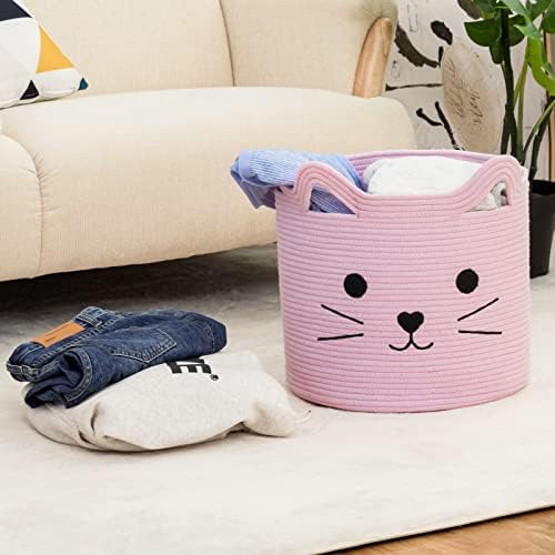 VK VK·LIVING Cat Toy Basket Cute Cotton Rope Animal Storage Pink Laundry Baskets for Toys, Clothes,Gifts,Towels, Blankets, Pet Bed Pink Laundry Hamper for Organizing 15''x14'' - Image 5