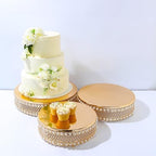 3 Gold Pearl Beaded Metal Cake Stands Mirror Top Wedding Party Events Reception Catering Home Decorations Supplies - Image 2