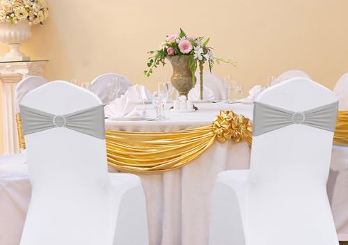 50 Pack Spandex Silver Grey Chair Sashes Bows Stretch Chair Bands with Buckles Universal Elastic Chairs Ties for Party Celebration Ceremony Events Wedding Decorations - Image 2