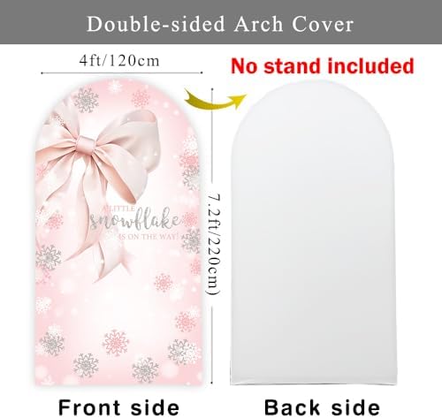 Winter Baby Shower Arch Backdrop Cover 7.2ft Pastel Pink Bow Girl Party Little Snowflake is on the Way Spandex Stretchy Fitted Fabric Arched Photo Booth Background Welcome Sign 4x7.2ft - Image 2