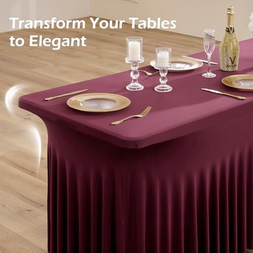 2 pk Burgundy Spandex Tablecloth 6ft with Ruffled Tables,Wrinkle Free High-Stretch Fitted Table Cloths for 6 Foot Rectangle Tables,Elastic Maroon Spandex Table Covers 6 ft for Weddings Banquet Dinning - Image 6
