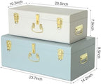 Vixdonos Decorative Large Metal Box Storage Trunk Chest Set of 2 College Dorm Organizer with Hardware Hasps and Handle for Home Deocr,23.7X14.2X9.5 Inches(White and Blue) - Image 2