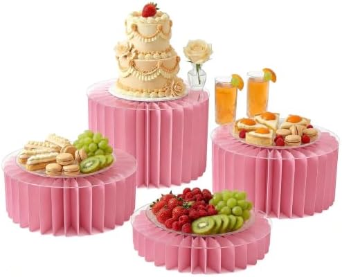 iobiotio Foldable Cake Stand Set, Reusable Buffet Risers, 4 Pack Round Dessert Stands with Acrylic Tops, Cardborad Display Stands for Weddings, Birthdays, Baby Showers, Parties, Home Decor, Pink by iobiotio