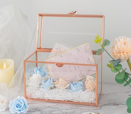 Glass Wedding Card Box with Slot, 10.2 inch Large Clear Card Box for Wedding Receptions, Rose Gold Gift Card Storage Box for Baby Shower, Birthday Party, Bridal Shower - Image 3
