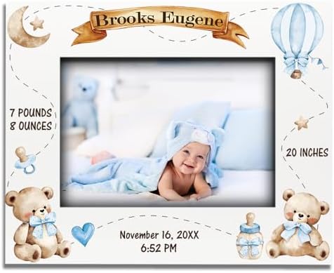 BELLA BUSTA-Personalize Baby Teddy Bear Birth Announcement Theme Picture Frame- Baby Shower, Birth Details Keepsake (Boy-Blue (5x7 Horizontal)) by BELLA+BUSTA
