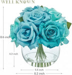 WELL KNOWN Artificial Rose Flowers with Glass Vase, Teal Blue Flower Decor - Image 2