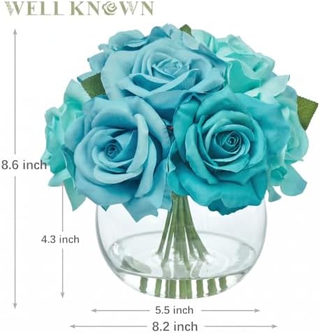 WELL KNOWN Artificial Rose Flowers with Glass Vase, Teal Blue Flower Decor - Image 2
