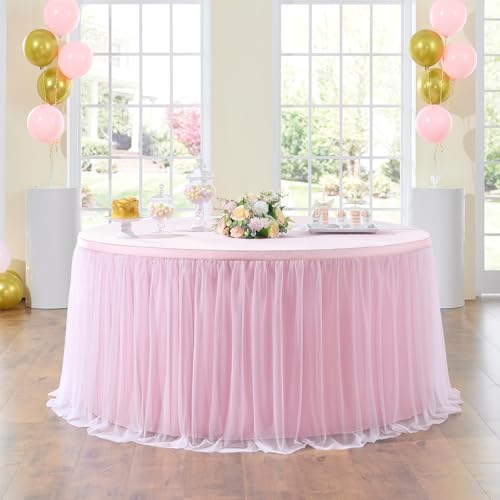 132in Baby Pink Tulle Table Skirts for Rectangle Tables 6ft 8ft, 2-Layer 11 ft Long Gold Grim Princess Pink Ruffle Tulle Tutu Table Skirt Cloth for Girl Birthday Baby Cake Dessert(No Table Cover) - Image 2