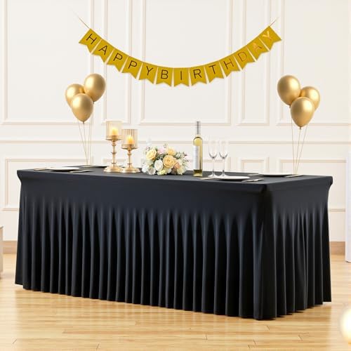 Suppromo 8ft Black Spandex Tablecloths for Rectangle Tables Wrinkle Free Black Table Cloth Rectangle Stretch Fitted Table Cover with Skirt for Wedding Birthday Party Banquet Baby Shower Buffet Event by Suppromo