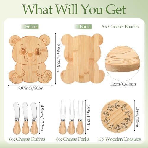 Honeydak 49 Pcs Bear Baby Shower Prizes for Game Players 6 Sets Bear Shaped Bamboo Cheese Board Fork Knives Coasters Towel Potted Plant Thanks Card Gift Bag for Baby Bridal Shower Wedding Favors - Image 2
