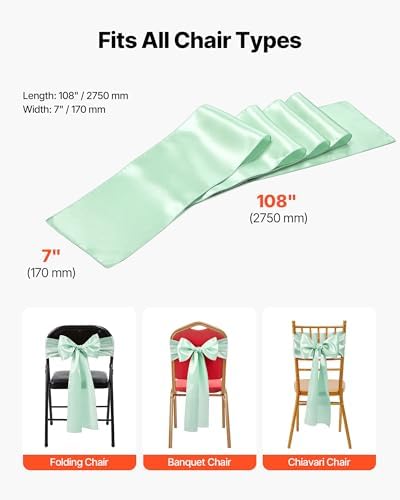 VEVOR Satin Chair Sashes Bows, Chair Ribbon Ties Back Sash, 7 x 108 inch, Wedding Reception Decoration, for Wedding Ceremony Baby Shower Party Events Banquet Cover Decoration (Light Green, 100pcs) - Image 6