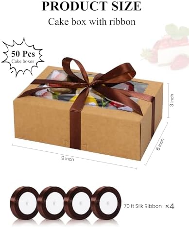 COTOPHER 50Pcs Cookie Boxes with Ribbons, 9x6x3 Inch Brown Bakery Boxes - Image 3