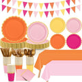 Mimorou 342 Pcs Pink Orange Yellow Party Supplies Pink and Orange Tableware Paper Disposable Plates Napkins Cups Plastic Tablecloth Triangle Banner for Fall Tropical Tequila Sunset Party Decorations by Mimorou