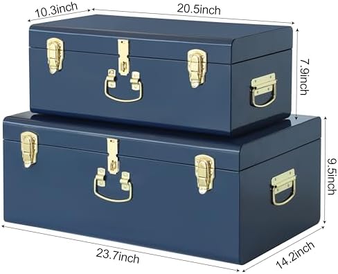 Vixdonos Decorative Large Metal Box Storage Trunk Chest Set of 2 College Dorm Organizer with Hardware Hasps and Handle for Home Deocr,23.7X14.2X9.5 Inches,Dark Blue - Image 2