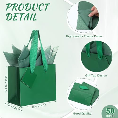 Qilery 50 Pcs Wedding Paper Gift Bags Bulk with Tissue Paper Small Gift Bags with Handle and Tags for Birthday Wedding 4th of July Party Business(Green,4.7 x 2.4 x 3.9'') - Image 3