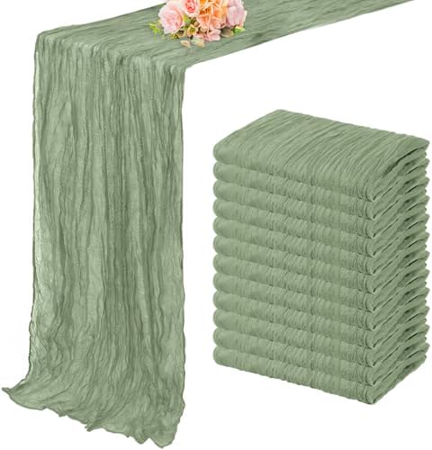 12 Pack Sage Green Cheesecloth Table Runner 10FT Rustic Gauze Fabric Cheese Cloth Table Runner for Wedding Bridal Baby Shower Table Decor 20 x 120 Inch Long Boho Sheer Birthday Party Table Decorations by FoliafeelHome