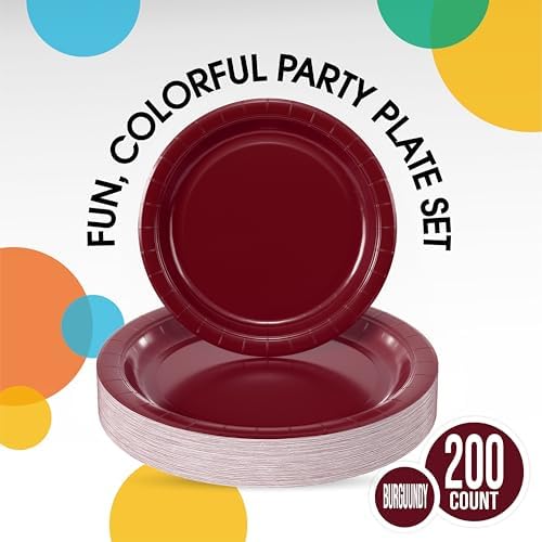 Party Solids Exquisite Burgundy Paper Plates Disposable Heavy Duty 200 Pcs - 100-7 & 100-9 Burgundy Disposable Plates for Party Heavy Duty 350 GSM for Birthday Supplies - Image 2