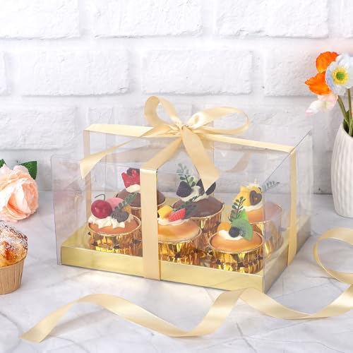 EUSOAR Cupcake Containers, 18 Pack Gold Cupcake Boxes Dessert Cookies Muffins Pastry Carrier 6 Count, Rectangle Bakery Cake Containers Assembly Plastic Holder for Wedding Birthday Party Favor Gifts - Image 5