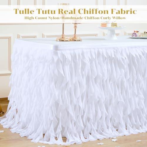 Partisky White Tulle Curly Willow Table Skirt for Rectangle Table 17ft, Ruffle Tutu Table Cloth for Wedding,Bridal Shower, Baby Shower,Birthday Party - Image 4