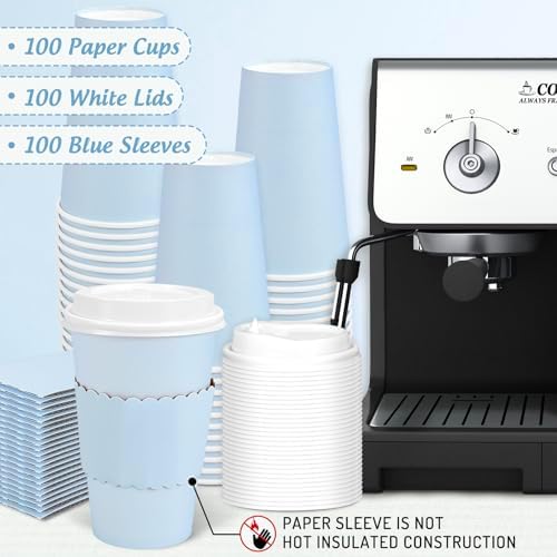 Whaline 100 Pcs Light Blue Disposable Coffee Cups with Lids and Sleeves 16 Oz Insulated To Go Paper Cups for Winter Home Restaurant Travel Wedding Birthday Baby Shower Party Supplies - Image 3