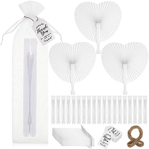 Gerrii 50 Pcs Folding Handheld Fans Paper White Wedding Fans Heart Shaped Folding Fans with Labels and Gift Bags for Wedding Celebration Birthday Party Bridal Shower Favors Kids Supplies by Gerrii