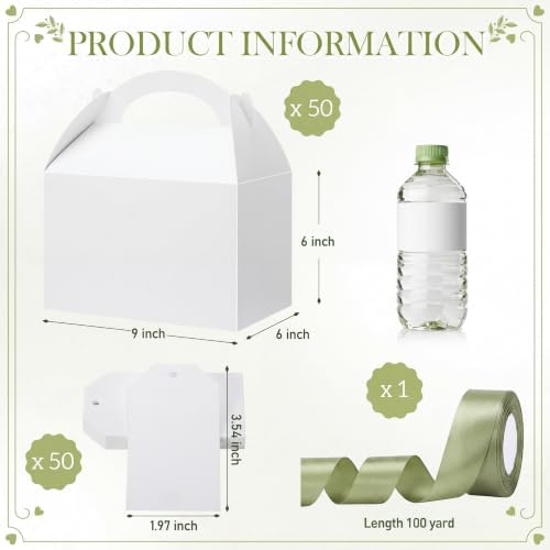 Maitys 50 Set Large Gable Boxes with Handle, Ribbon, Tag, White,Sage Green - Image 2