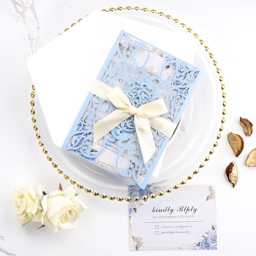 50pcs Light Blue Wedding Invitation Kit Laser Cut Invitations Pocket Card - Image 2