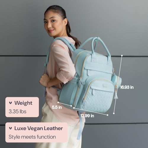 BabbleRoo Leather Diaper Bag Backpack - Baby Essentials Travel Baby Bag, Multi function, Water Resistant, with Changing Pad, Stroller Straps & Pacifier Case – Unisex, Powder Blue - Image 3