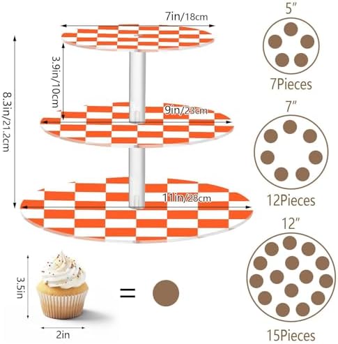 J JOYSAY Chess Checkerboard Orange White Pattern Acrylic Cupcake Stand 3 Tier Dessert Table Display Set Clear Cake Stands for Party Baby Shower Wedding Decorations Easy Assembly Macaron Tower - Image 3