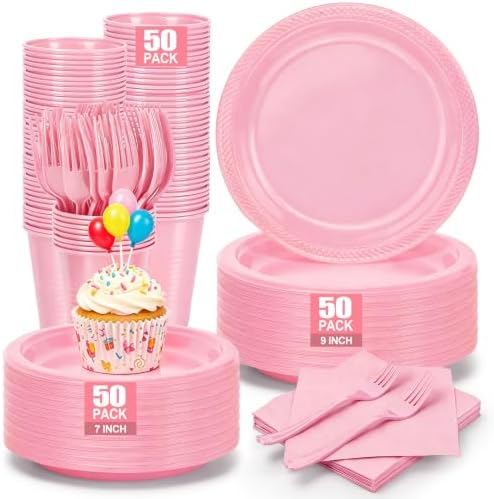 250Pcs Disposable Light Pink Plastic Plates and Napkins for Birthday Party by UseOnceDoneRight