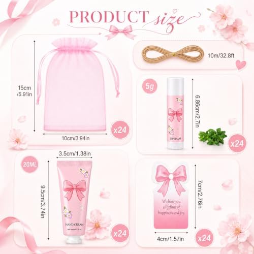 Loopeer 24 Set Pink Bow Party Favors Coquette Party Gifts Favors with Lip Balm Hand Cream Card Bags for Bridal Shower Baby Shower Birthday Stuffers - Image 2