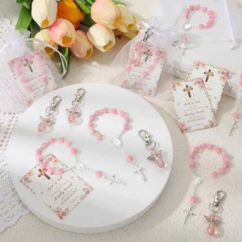 Hicarer 30 Set Baptism Favors Set Includes Angel Keychains Mini Rosary Cross Beads Favors Baptism Organza Bags with Cross Psalm Cards for Baby Shower Christian Party Supplies (Pink) - Image 4