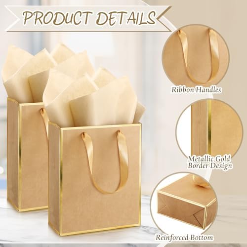 Yeaqee 50 Pcs Metallic Paepr Gift Bags Bulk with Handles,Kraft and Gold - Image 3