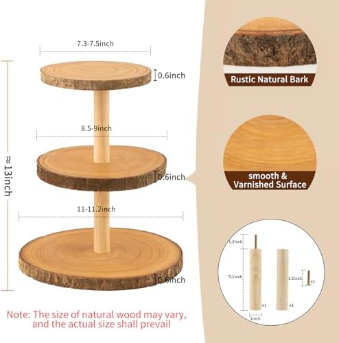 Rustic 3-Tier Wooden Cupcake Stand & Cake Tower – Natural Paulownia Wood Tiered Display for Weddings, Parties, Baby Showers, Holidays (Farmhouse Décor, Handcrafted Bark Design) - Image 2